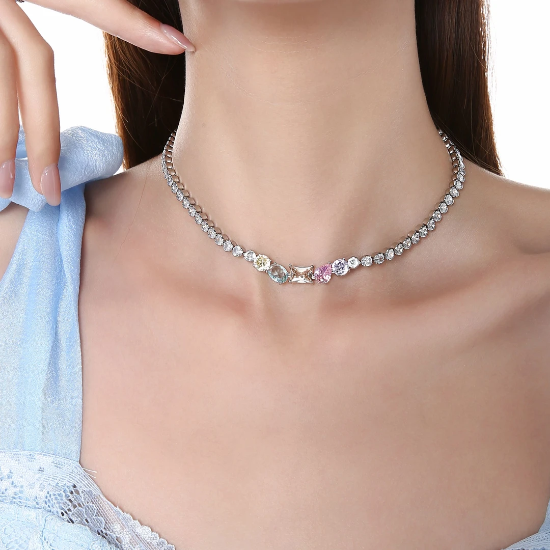 合金锆石项链 原创春夏超闪多巴胺彩色锆石轻奢小众高级感叠戴