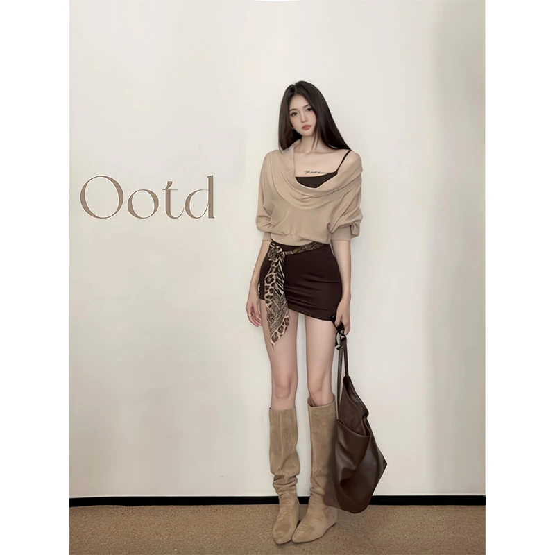 清冷高级感小众女装纯欲露肩长袖T恤罩衫修身辣妹包臀吊带连衣裙