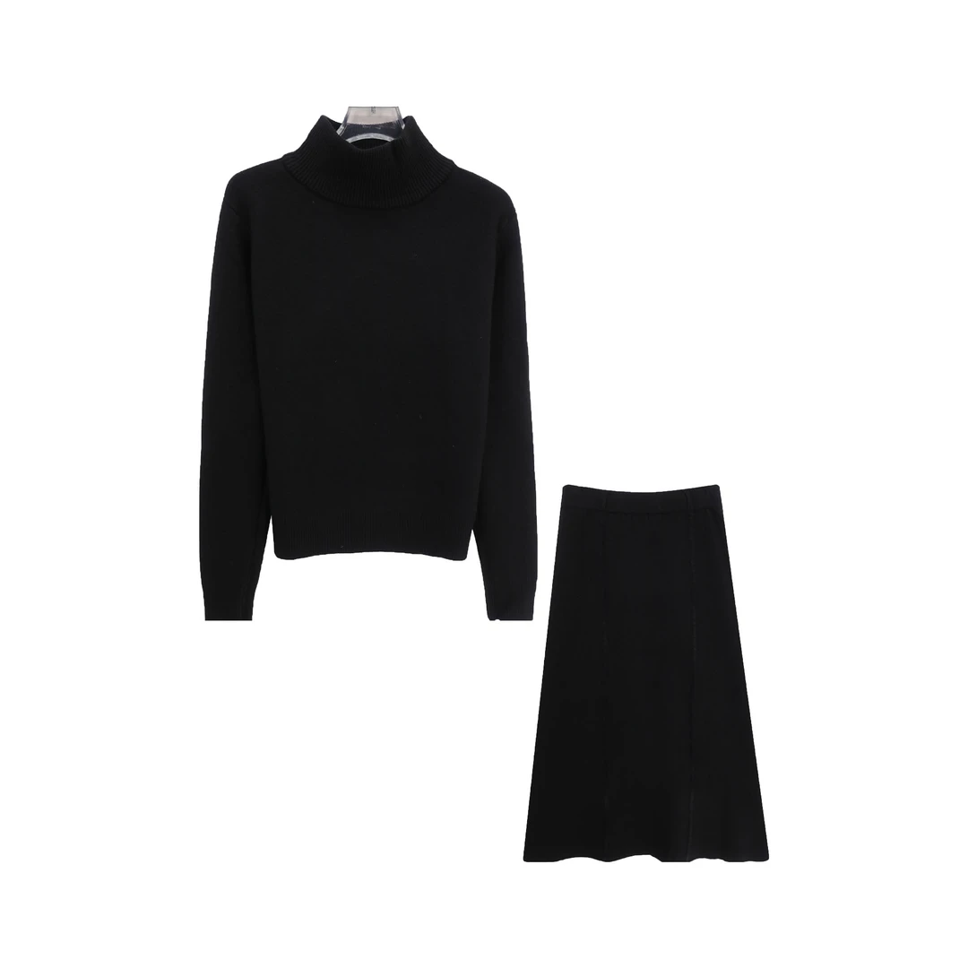 S慵懒风气质高领纯色上衣高腰半身裙套装X27725