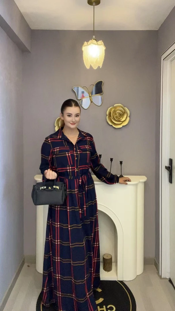 翻领格子拼接长袖常规网红女士连衣裙方领千鸟格时尚气质