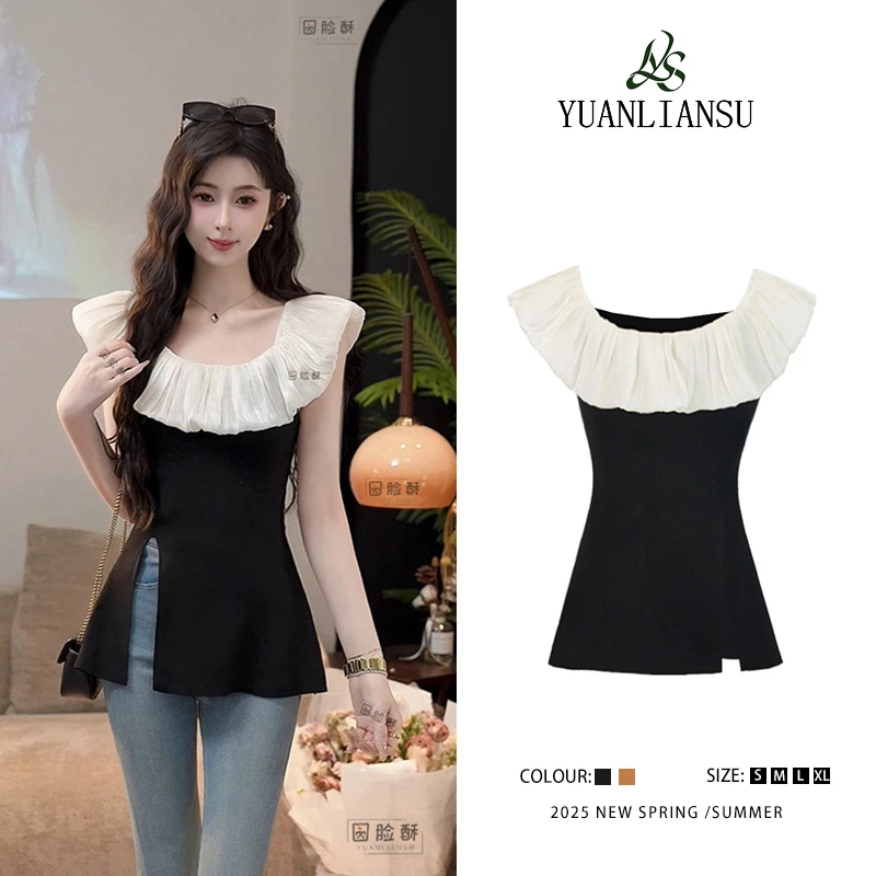 YUANLIANSU/圆脸酥【月藏诗海】法式气质高级感荷叶边开叉显瘦T恤女