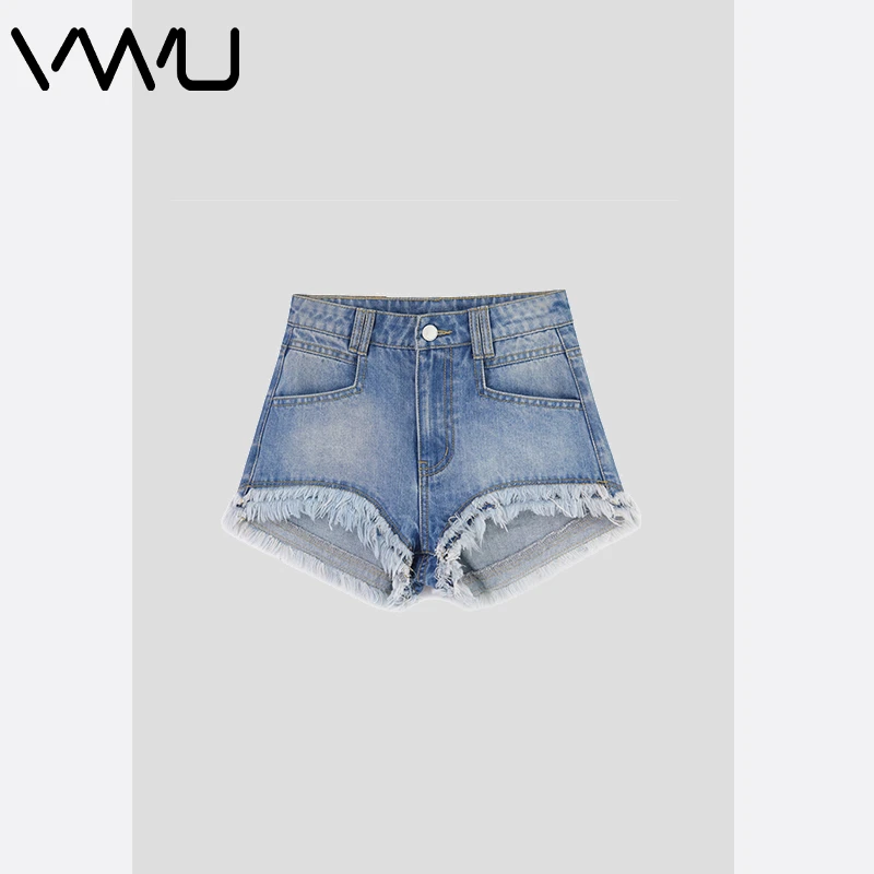 VWU 夏季辣妹水洗磨白牛仔裤毛须小众设计浅蓝色百搭休闲短裤热裤