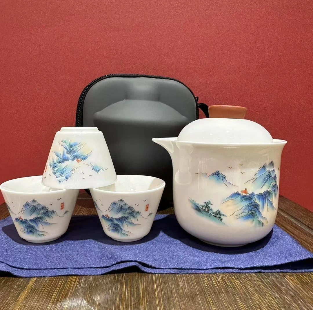 远山一壶三杯朱红盖子带包  A394