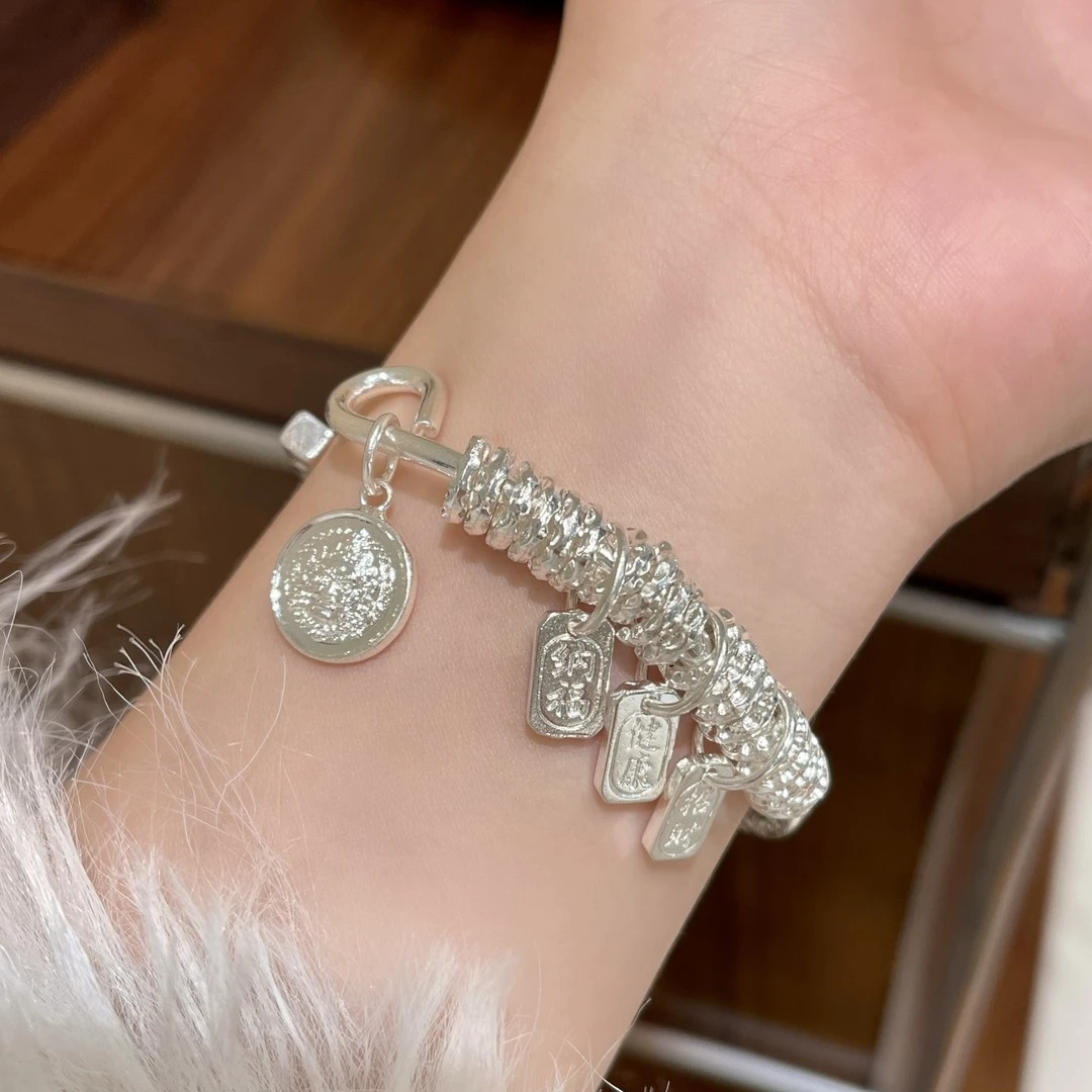 足银手镯 黄财神盘缠手镯足银999简约百搭时尚设计情人节送女朋友