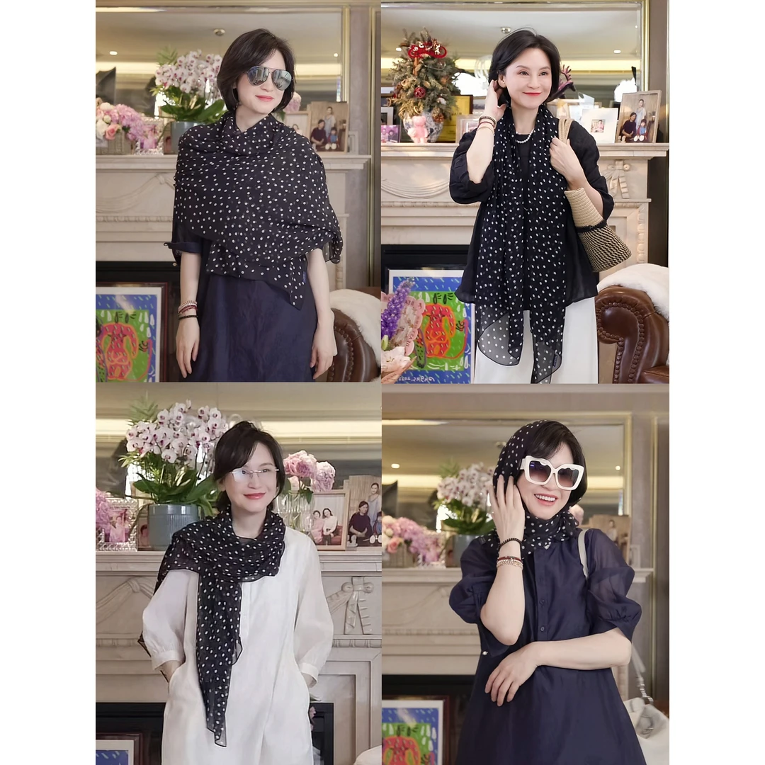 我是摩羯 梦露挚爱  真丝乔其复古摩登波点图案法式丝巾围巾披肩