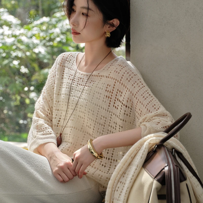 春夏薄款镂空100%纯山羊绒针织套衫女圆领九分袖宽松打底衫空调房