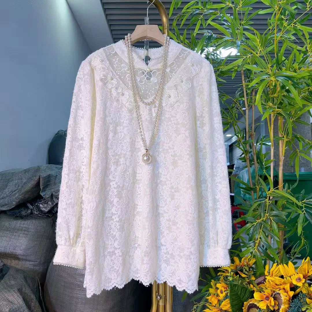 欧货气质露肩花朵蕾丝衫微胖大码女装遮肉显瘦秋季长袖爆款2618