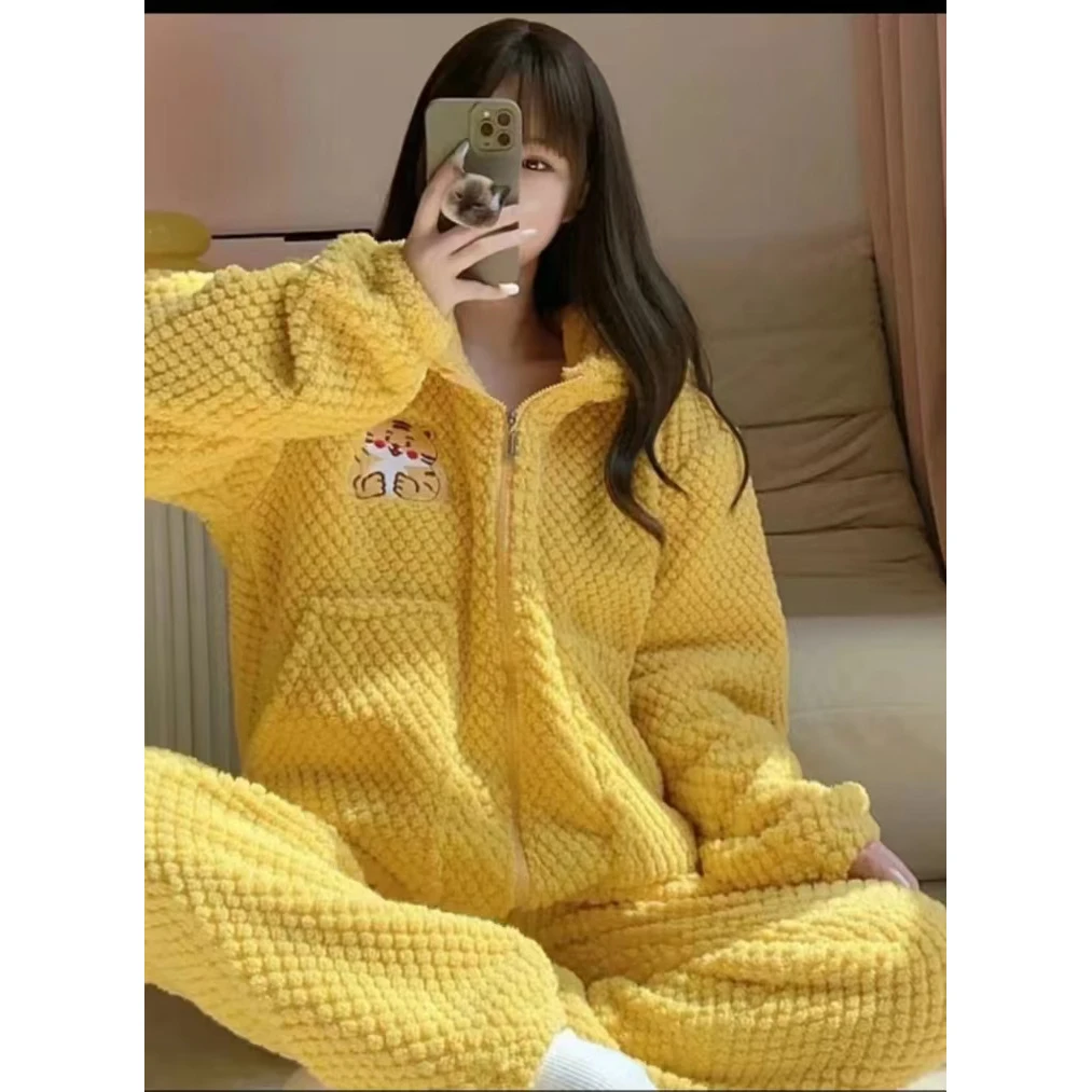 【小老虎连帽】珊瑚绒加绒法兰绒秋冬毛绒保暖套装冬款女士家居服