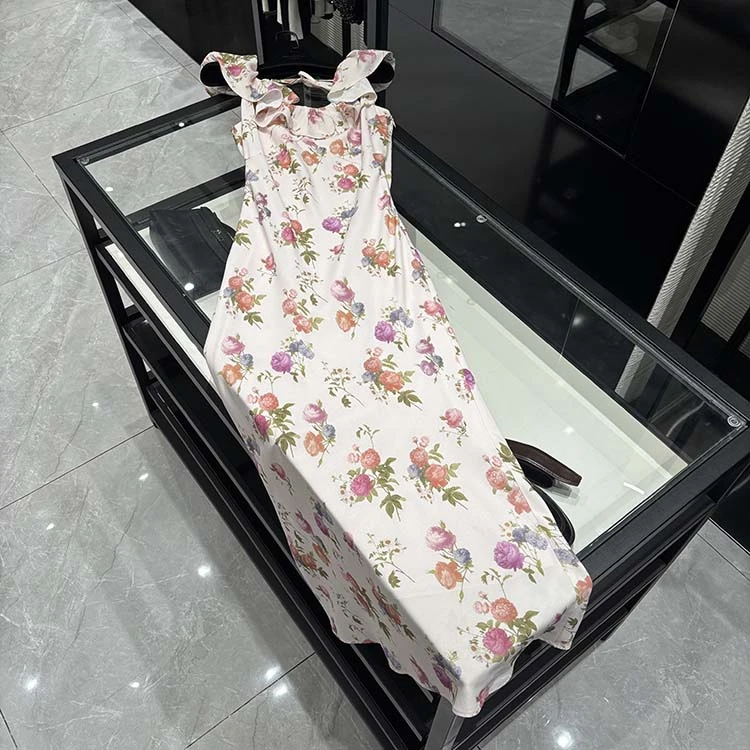 25年夏季新款小玫瑰温柔风印花气质荷叶边优雅显瘦连衣裙-YS11321