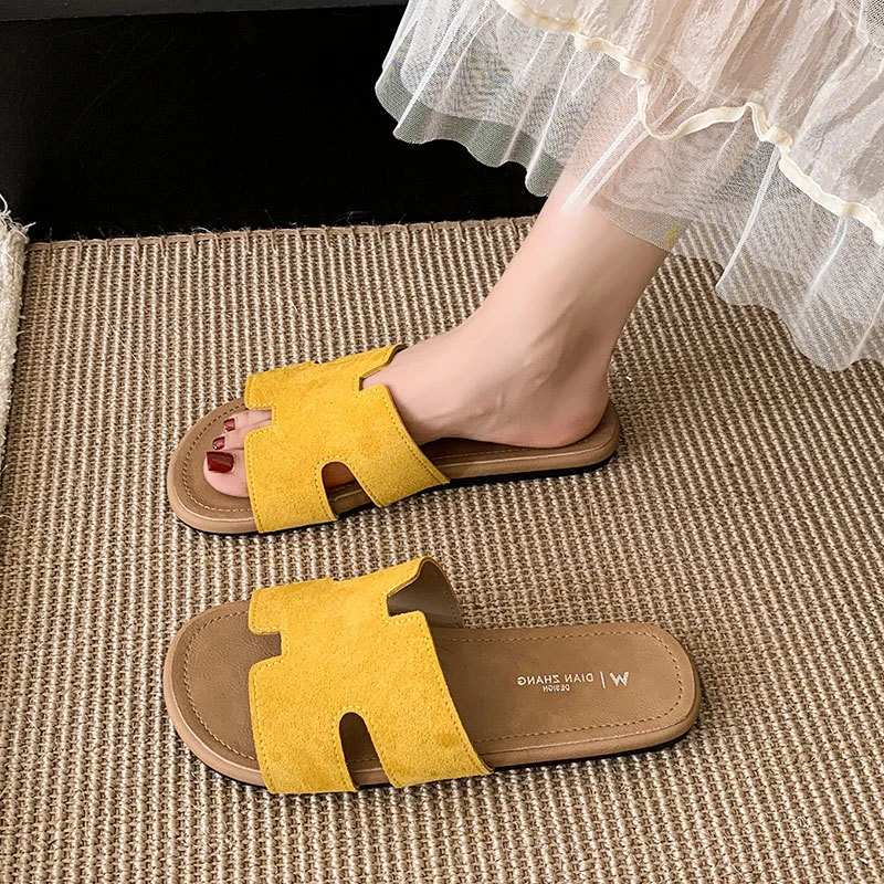 【退货补运费】仙女风复古沙滩一字拖鞋夏季外穿平底一脚蹬凉拖鞋