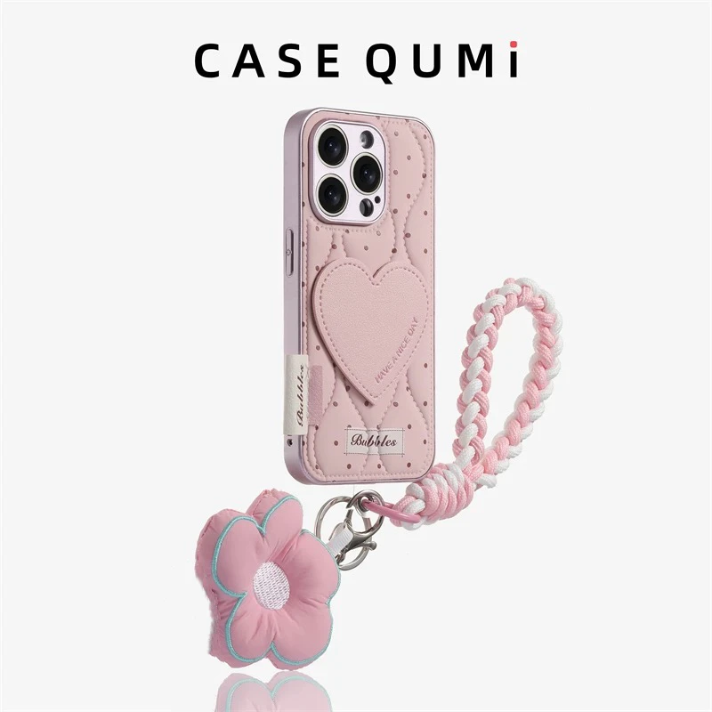 粉色波点爱心带挂绳适用iPhone16promax手机壳苹果13花朵挂件15女