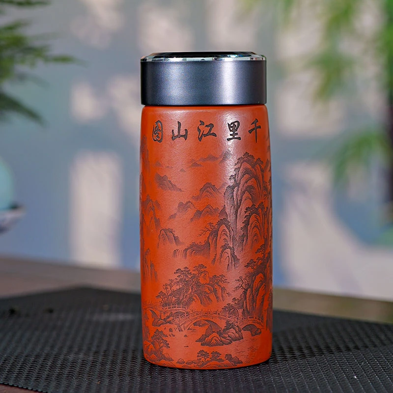 双层朱泥千里江山直身杯紫砂杯便携杯原矿紫砂主人杯手工杯茶道