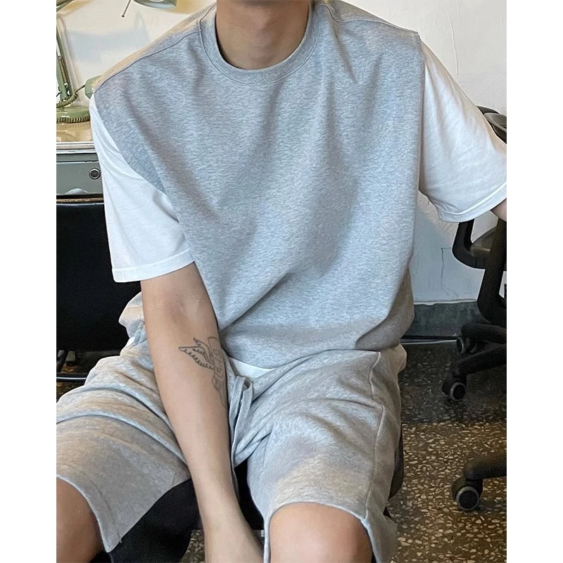 灰色圆领型男无袖背心夏季半袖韩版潮流休闲百搭叠穿宽松坎肩t恤