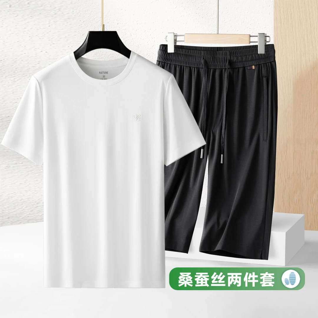 高端桑蚕丝夏季薄款短裤套装男士运动休闲t恤中年爸爸宽松两件套