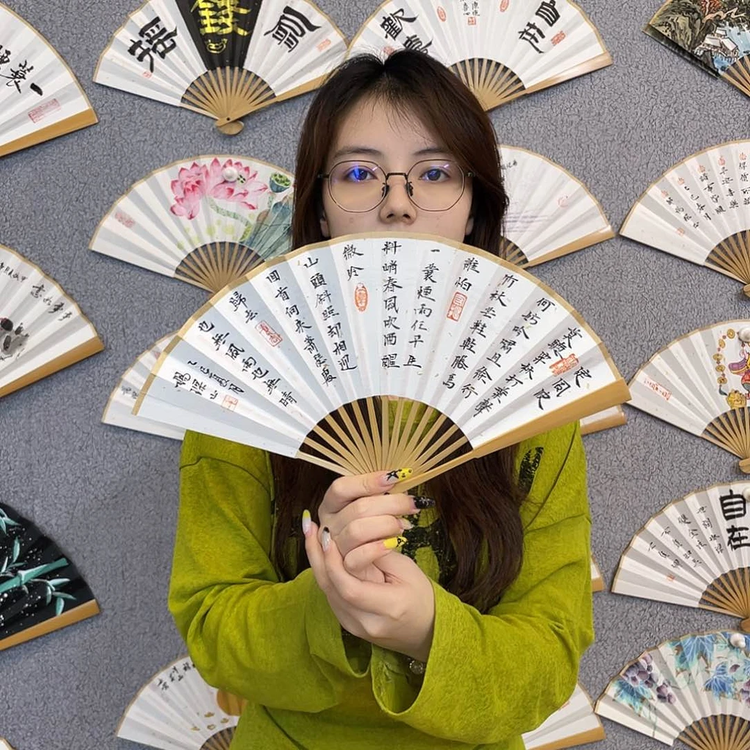 书法6寸玉竹-纯手绘-文玩扇骨（默认粘好）