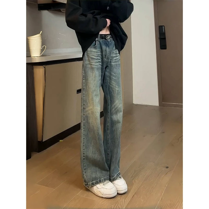 美式高街牛仔裤男女直筒cleanfit裤子设计感水洗潮牌阔腿微喇长裤