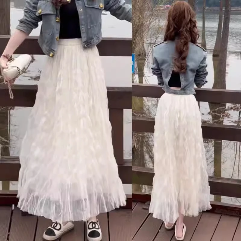 复古氛围感满满微醺波浪卷网纱高腰显瘦纱裙半身裙2025网红百搭裙