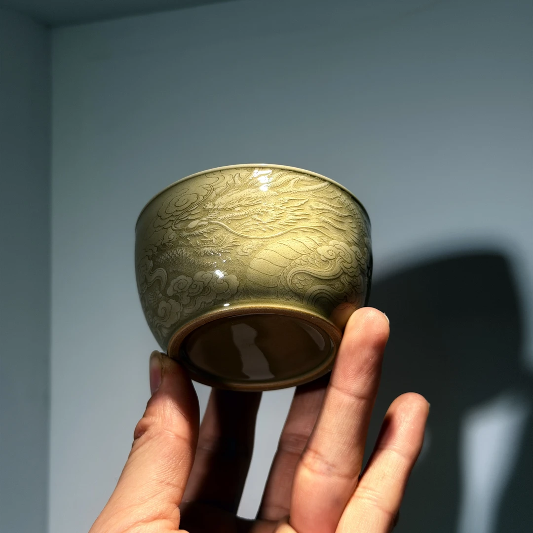 新密色主人杯祥云青瓷茶杯家用喝茶器具龙纹刻绘