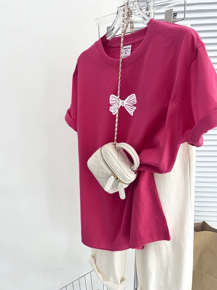 棉高紧密赛洛纺玫红T恤女夏季纯棉休闲风大码