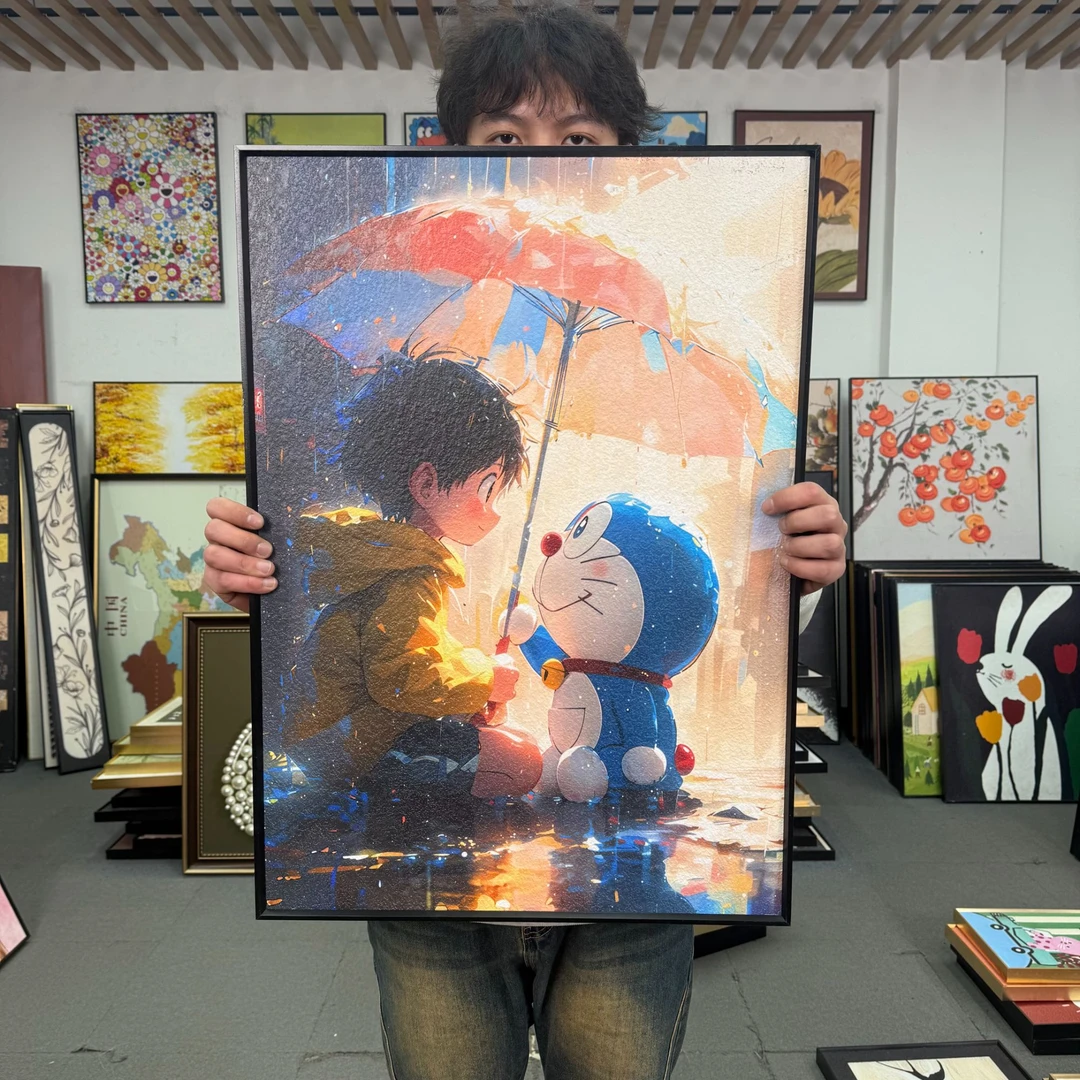 儿童房男孩机器猫砂岩高级感客厅沙发背景墙装饰画5070