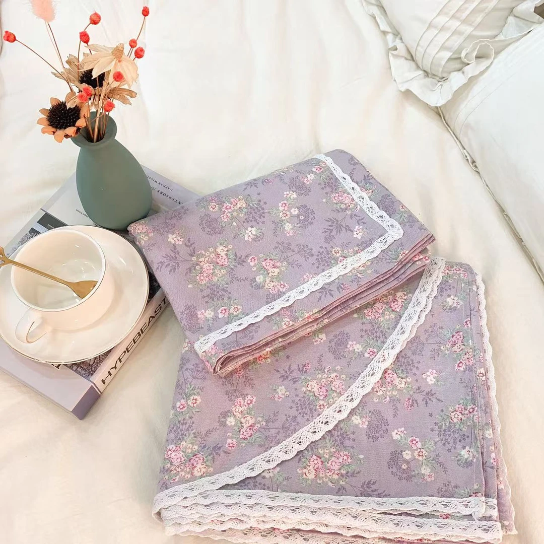 【苍兰-紫】加厚精纺原棉老粗布软凉席花边三件套四季吸汗透气