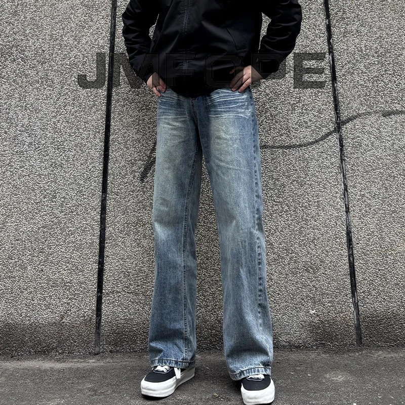 JMFOPE潮流复古猫须直筒牛仔裤美式高街土耳其蓝时尚百搭休闲裤