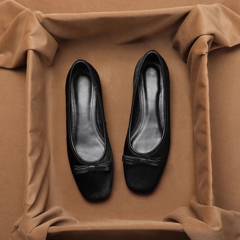 真皮时尚马毛断码清仓单鞋女低跟2025春秋季法式蝴蝶结平底鞋爆款