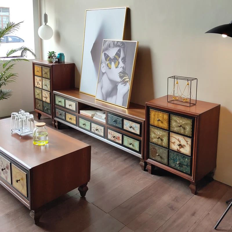 美式乡村彩绘电视柜茶几小户型家用客厅复古储物矮落地柜套装组合