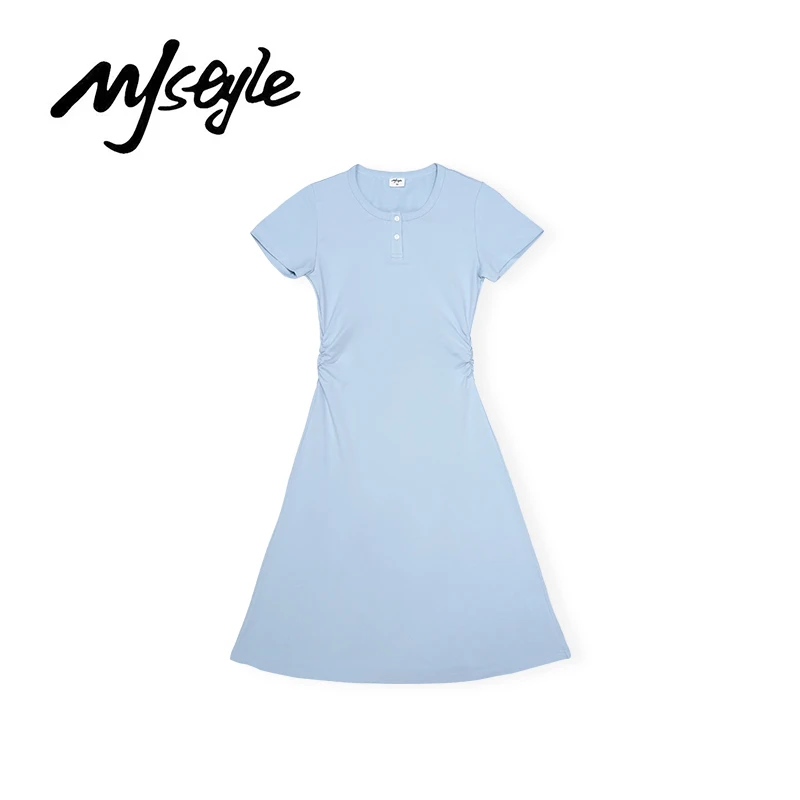 夏季圆领气质短袖连衣裙棉纽扣设计收腰显瘦弹力修身中长款女裙