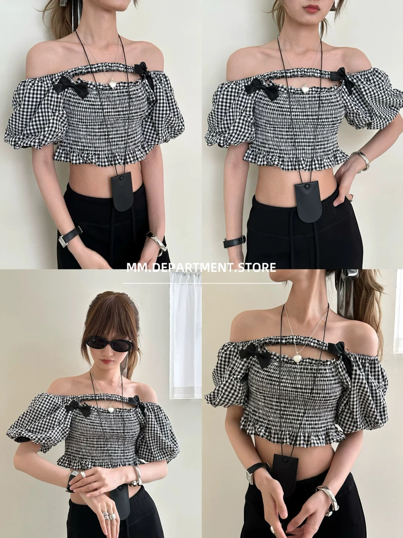 jenni风@韩系少女感蝴蝶结miu系小众泡泡袖一字肩短款上衣小衫