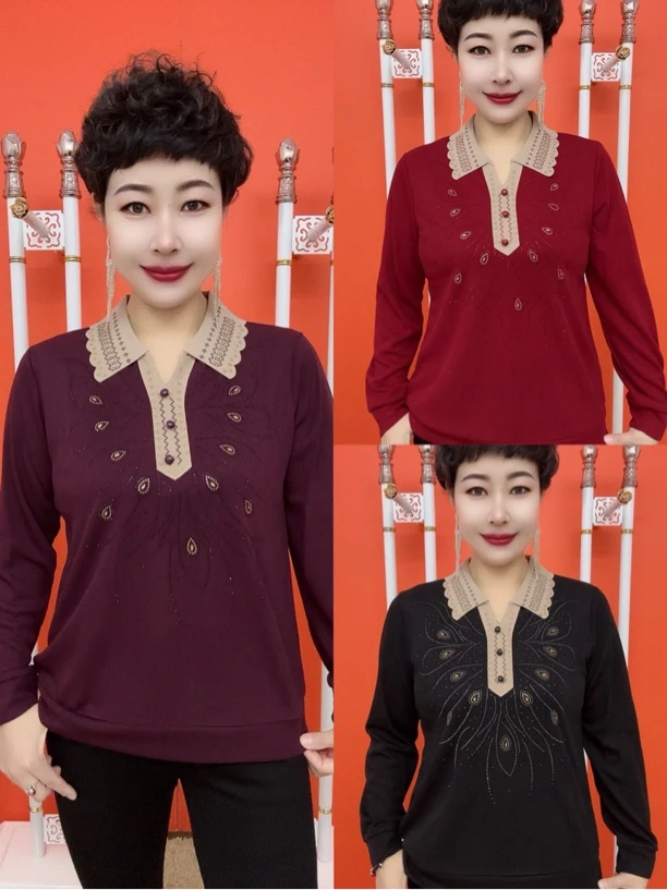 春款撞色领凤尾压钻妈妈衫