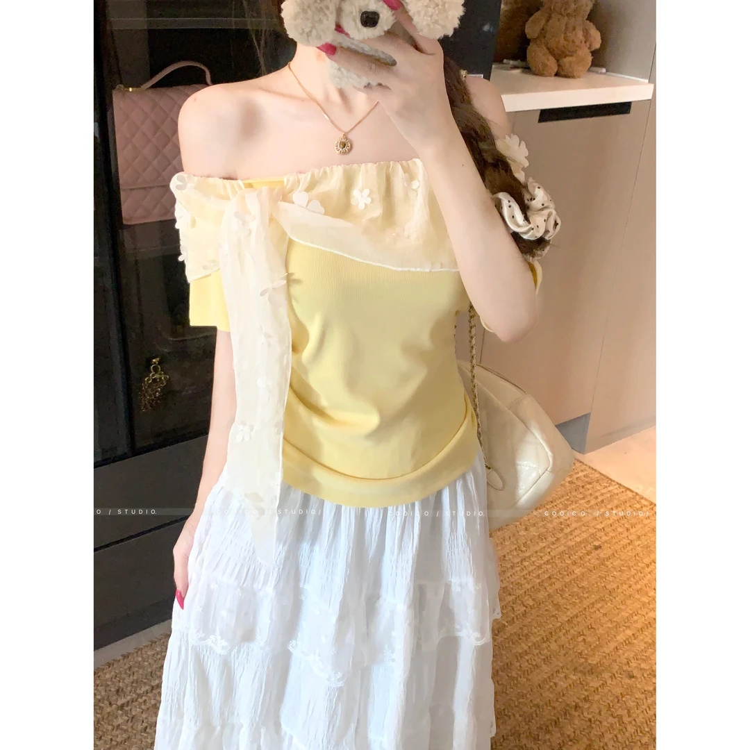 大码法式刺绣蕾丝拼接花朵一字肩上衣夏季胖mm短袖设计感T恤