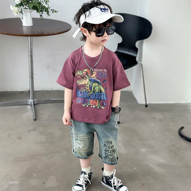 童装短袖夏季新款男童可爱紫色漫画恐龙T恤时尚潮流休闲品质童装