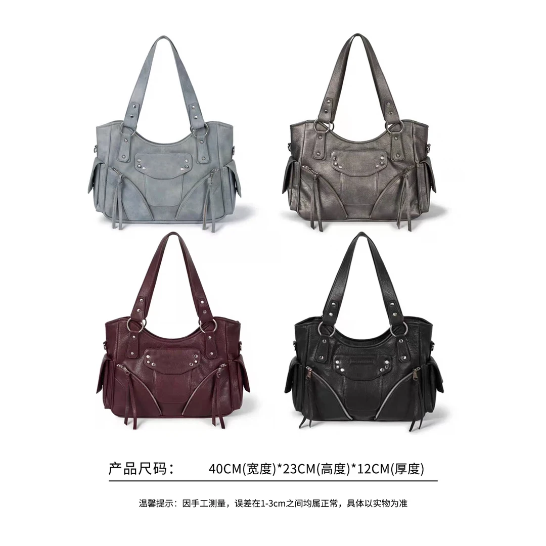 58365 裴涩琪同款机车铆钉单肩斜挎手提包，尺寸：40×23×12cm