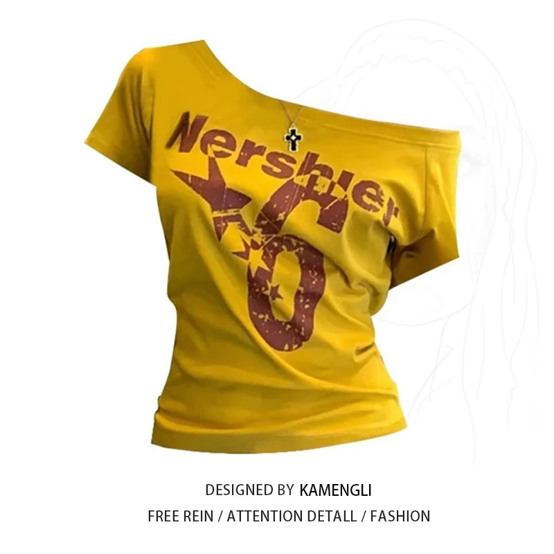 大码胖mm美式复古斜肩印花短袖t恤女夏季新款辣妹风洋气小众上衣9