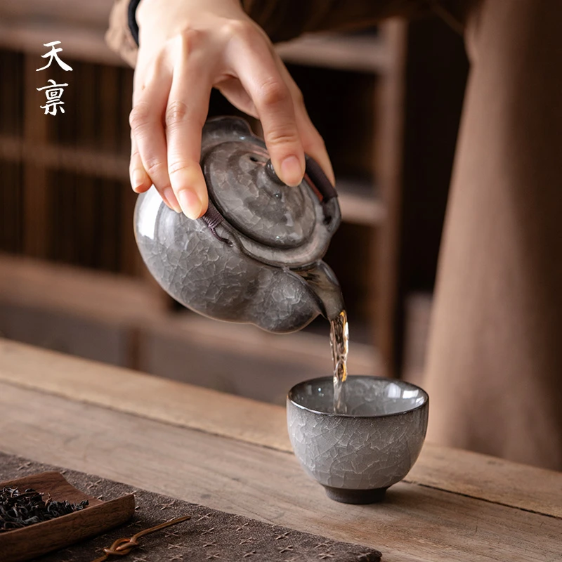 天禀黑冰高档旅行三件套装复古陶瓷手抓壶冰裂纹茶壶茶盖碗具套装