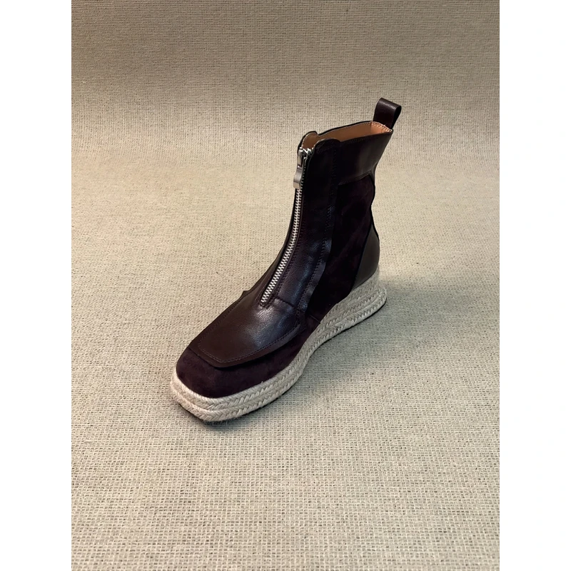 nnmiss·34-39/5cm复古方头拼接前拉链时装靴百搭草编坡跟通勤短靴