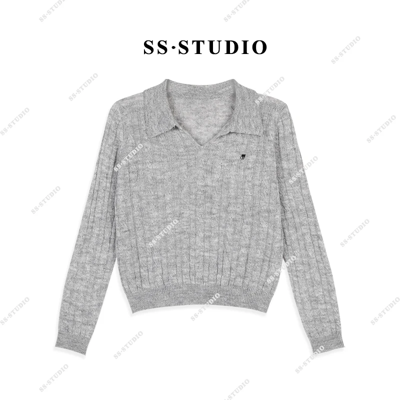 【SUSU】小马标刺绣翻领气质长袖针织上衣SS-5029