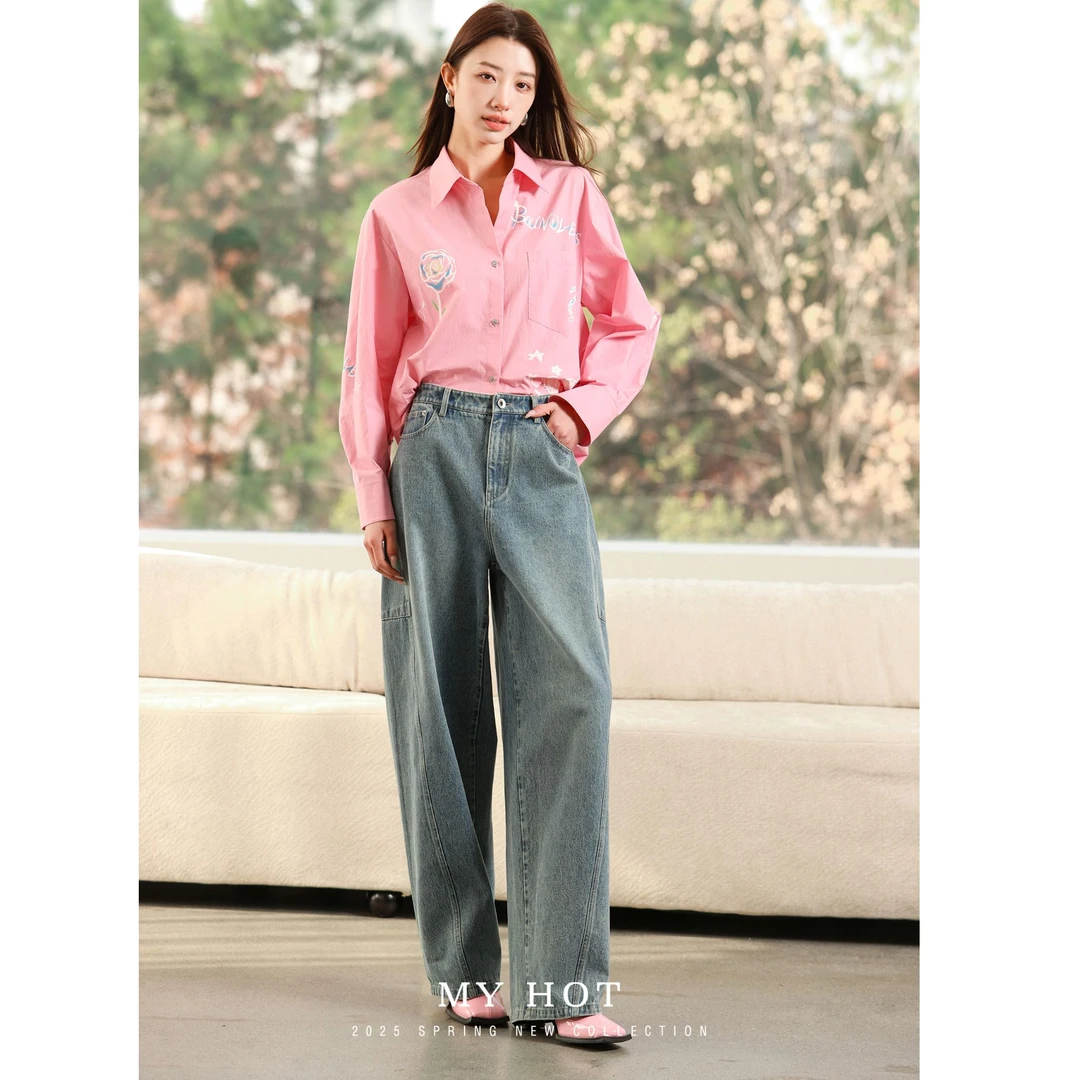 2025春季新款高腰复古镰刀牛仔裤