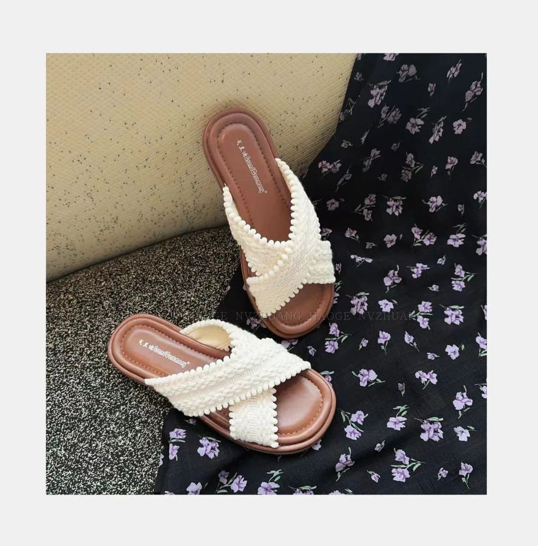 海滩鞋一字拖编织度假平底拖鞋女外穿休闲凉鞋2025夏新款