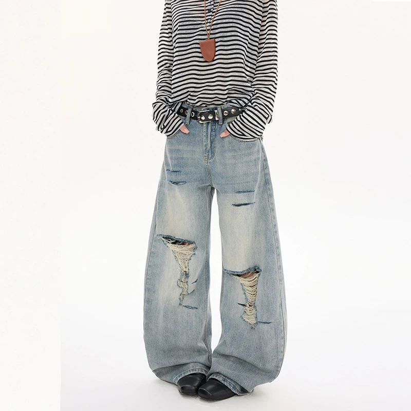 美式高街复古破洞牛仔裤男女2026春季新款中性风宽松直筒阔腿长裤