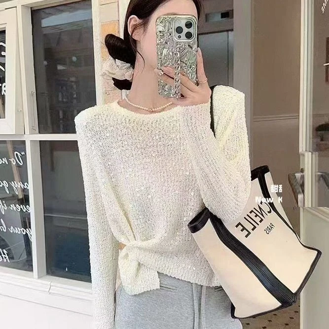 韩系亮片长袖针织衫女2025早秋新款纯色别致开叉纽扣小众薄毛衣