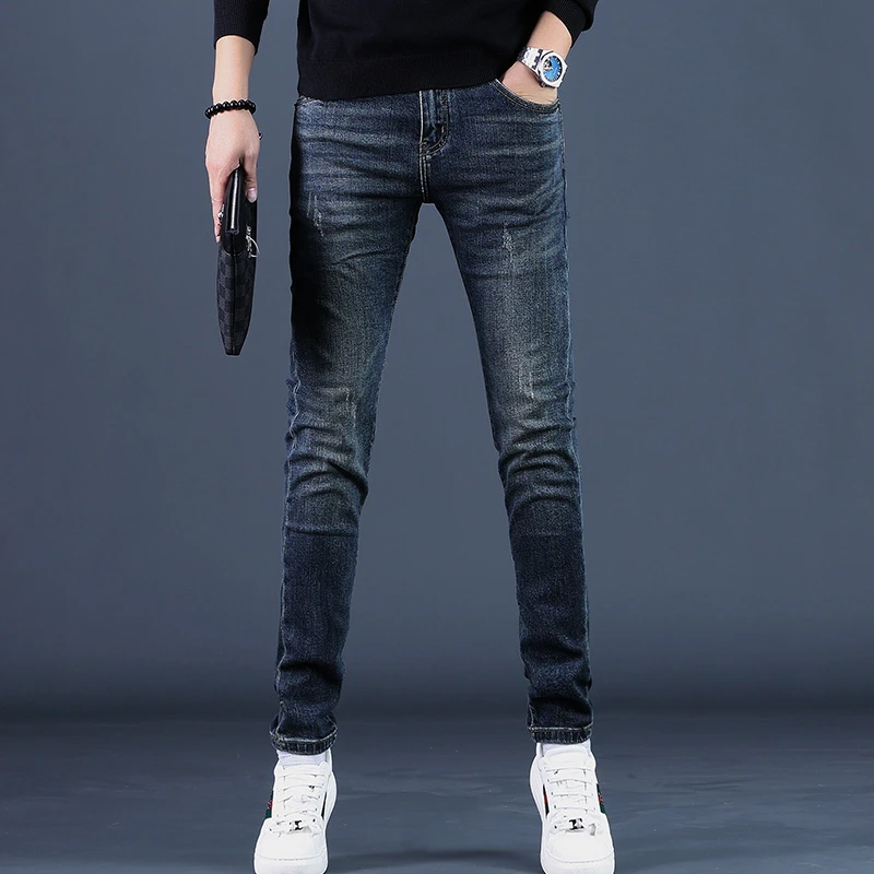 2025秋季新款高端显瘦弹力深蓝牛仔裤男士修身小脚休闲长裤子男潮