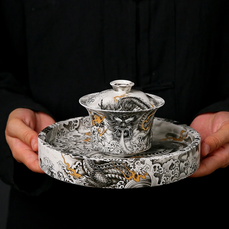 家用高档陶瓷墨龙旋转悬停盖碗泡茶碗敬茶碗茶杯送人礼品功夫茶具