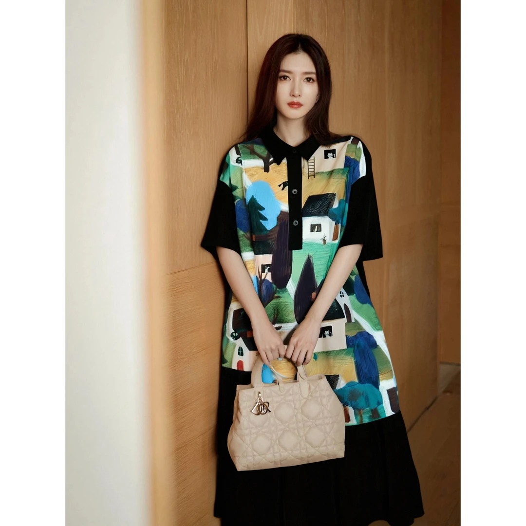 【桃源村落】法式复古撞色印花气质宽松显瘦小众女连衣裙