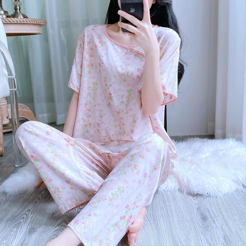 新款国风睡衣女夏棉绸短袖人造棉新中式薄款甜美家居服套装薄款