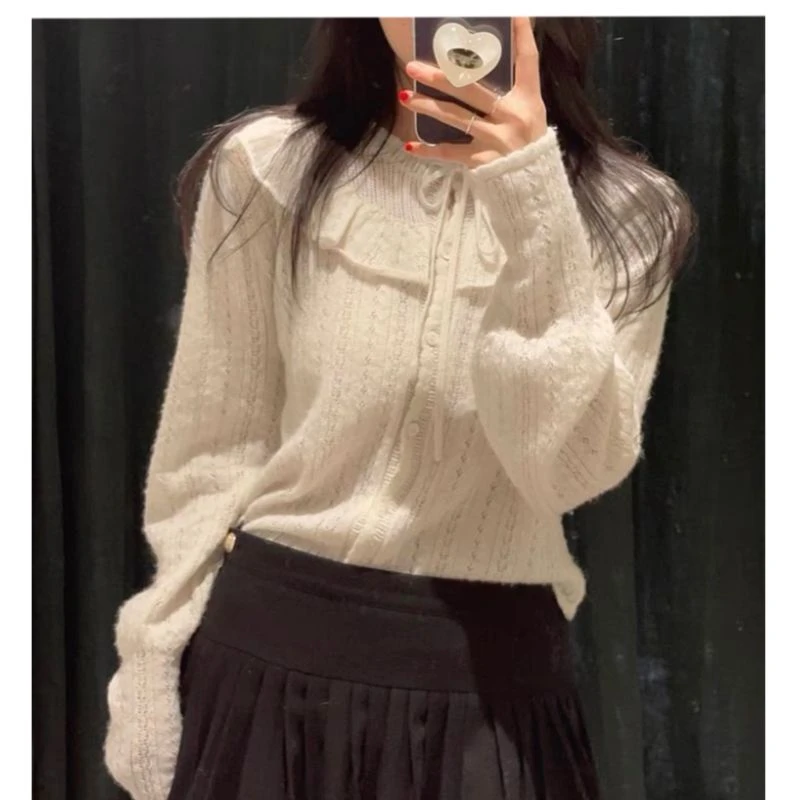 2115【八家白富美】Y韩单花边领毛衣开衫百搭仙女开衫针织长袖衫