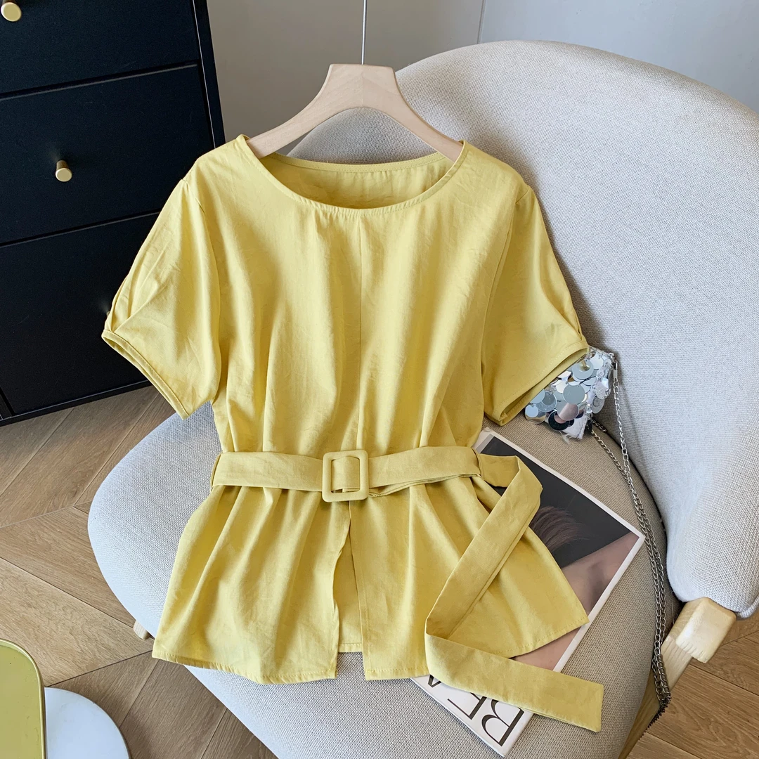 韩系chic圆领系带短袖衬衫女夏季小众收腰显瘦开叉设计感气质上衣