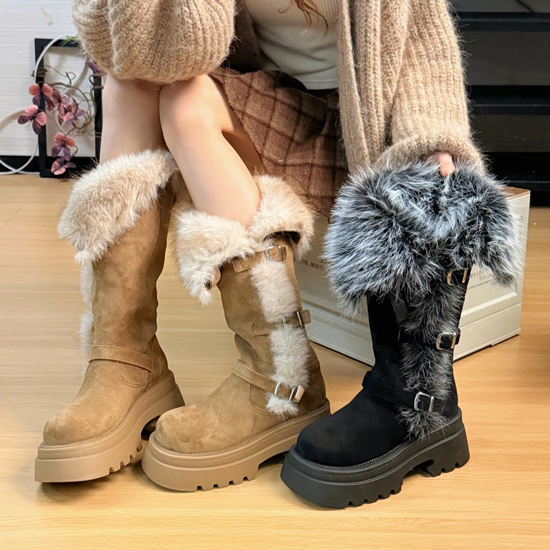 厚底雪地靴女2025年新款冬季加绒加厚复古小个子保暖高筒毛毛棉鞋