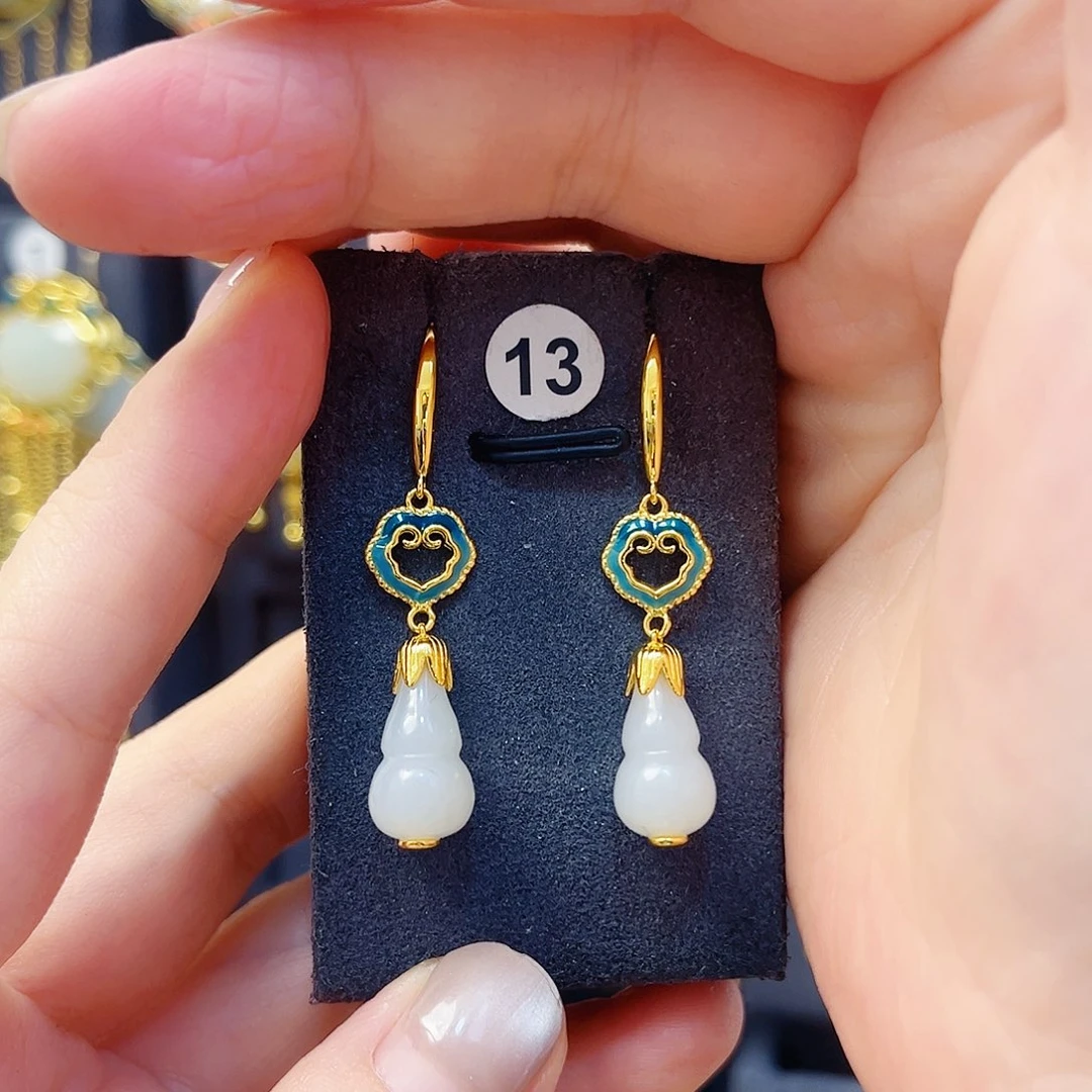 和田玉银S925镀金镶嵌耳饰